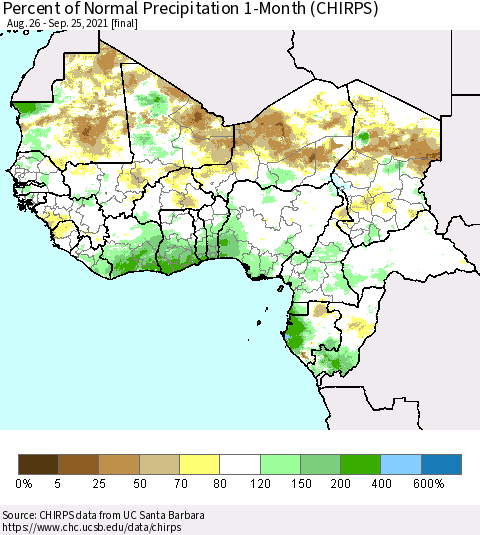 Western Africa Percent of Normal Precipitation 1-Month (CHIRPS) Thematic Map For 8/26/2021 - 9/25/2021