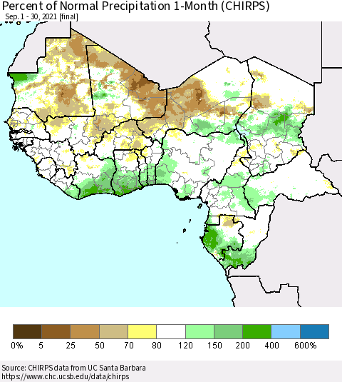 Western Africa Percent of Normal Precipitation 1-Month (CHIRPS) Thematic Map For 9/1/2021 - 9/30/2021