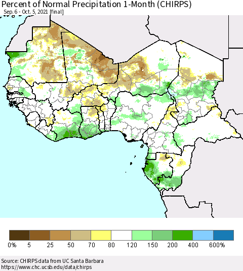 Western Africa Percent of Normal Precipitation 1-Month (CHIRPS) Thematic Map For 9/6/2021 - 10/5/2021