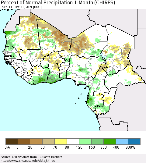 Western Africa Percent of Normal Precipitation 1-Month (CHIRPS) Thematic Map For 9/11/2021 - 10/10/2021