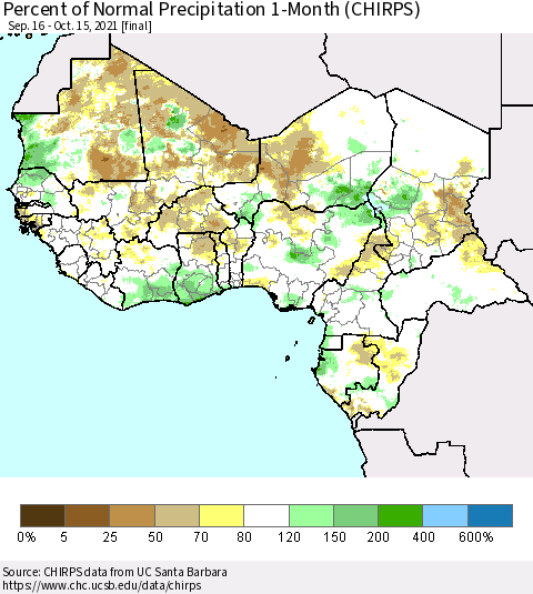 Western Africa Percent of Normal Precipitation 1-Month (CHIRPS) Thematic Map For 9/16/2021 - 10/15/2021