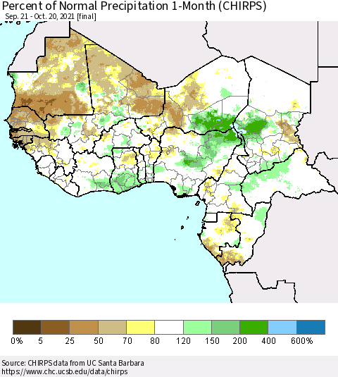 Western Africa Percent of Normal Precipitation 1-Month (CHIRPS) Thematic Map For 9/21/2021 - 10/20/2021