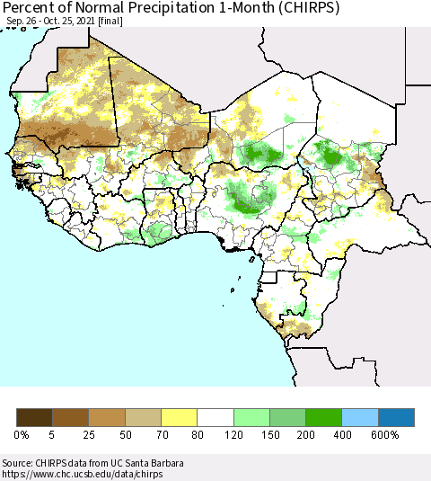 Western Africa Percent of Normal Precipitation 1-Month (CHIRPS) Thematic Map For 9/26/2021 - 10/25/2021