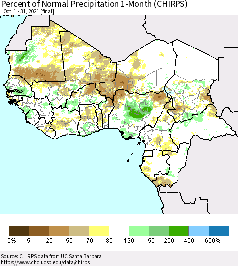 Western Africa Percent of Normal Precipitation 1-Month (CHIRPS) Thematic Map For 10/1/2021 - 10/31/2021