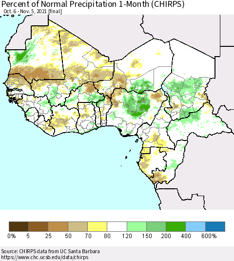 Western Africa Percent of Normal Precipitation 1-Month (CHIRPS) Thematic Map For 10/6/2021 - 11/5/2021