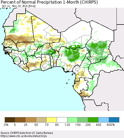 Western Africa Percent of Normal Precipitation 1-Month (CHIRPS) Thematic Map For 10/11/2021 - 11/10/2021