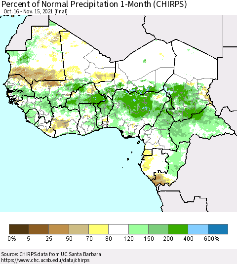 Western Africa Percent of Normal Precipitation 1-Month (CHIRPS) Thematic Map For 10/16/2021 - 11/15/2021