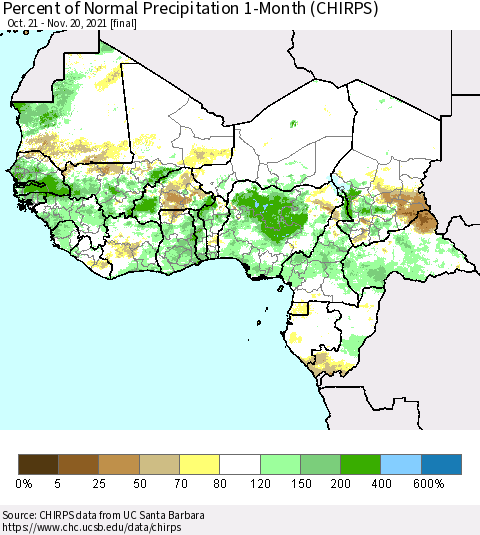 Western Africa Percent of Normal Precipitation 1-Month (CHIRPS) Thematic Map For 10/21/2021 - 11/20/2021