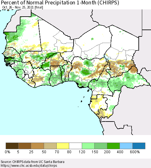 Western Africa Percent of Normal Precipitation 1-Month (CHIRPS) Thematic Map For 10/26/2021 - 11/25/2021
