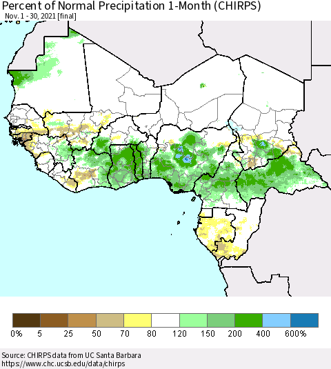 Western Africa Percent of Normal Precipitation 1-Month (CHIRPS) Thematic Map For 11/1/2021 - 11/30/2021