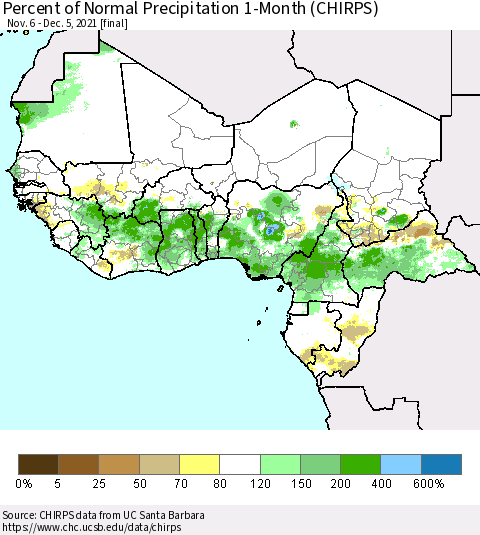 Western Africa Percent of Normal Precipitation 1-Month (CHIRPS) Thematic Map For 11/6/2021 - 12/5/2021