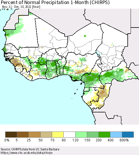 Western Africa Percent of Normal Precipitation 1-Month (CHIRPS) Thematic Map For 11/11/2021 - 12/10/2021