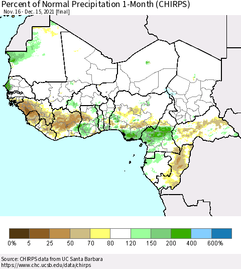 Western Africa Percent of Normal Precipitation 1-Month (CHIRPS) Thematic Map For 11/16/2021 - 12/15/2021