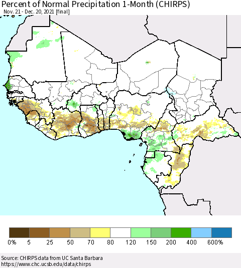 Western Africa Percent of Normal Precipitation 1-Month (CHIRPS) Thematic Map For 11/21/2021 - 12/20/2021