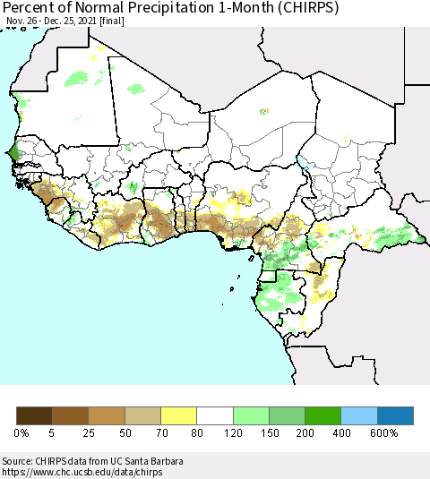 Western Africa Percent of Normal Precipitation 1-Month (CHIRPS) Thematic Map For 11/26/2021 - 12/25/2021