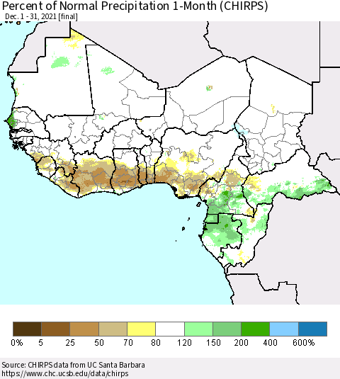 Western Africa Percent of Normal Precipitation 1-Month (CHIRPS) Thematic Map For 12/1/2021 - 12/31/2021