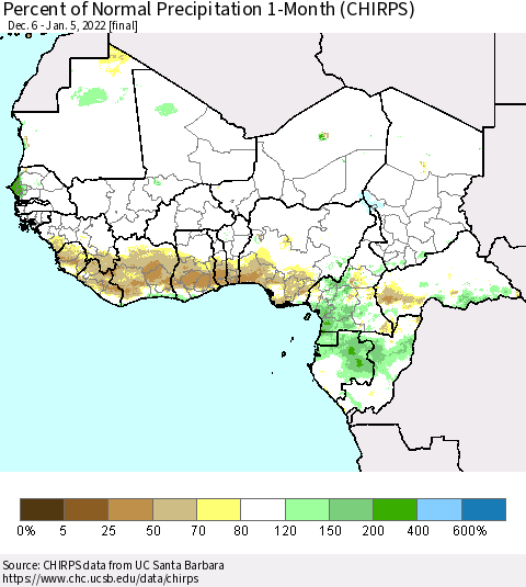Western Africa Percent of Normal Precipitation 1-Month (CHIRPS) Thematic Map For 12/6/2021 - 1/5/2022