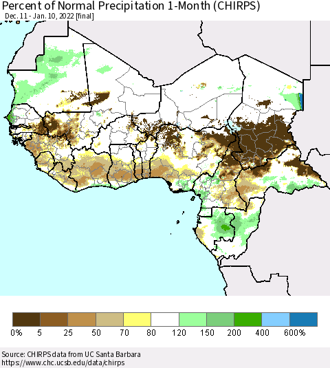Western Africa Percent of Normal Precipitation 1-Month (CHIRPS) Thematic Map For 12/11/2021 - 1/10/2022