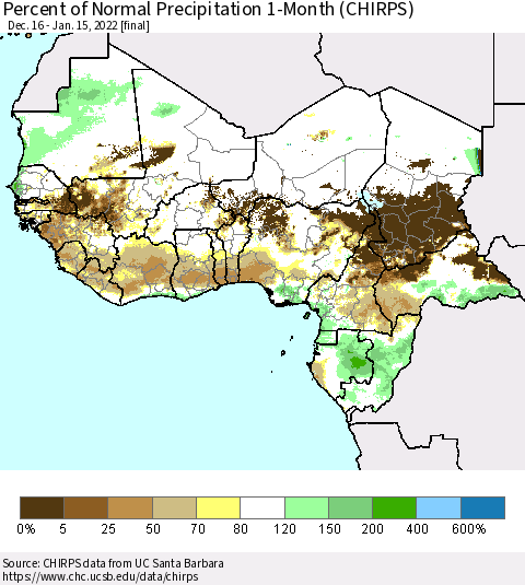 Western Africa Percent of Normal Precipitation 1-Month (CHIRPS) Thematic Map For 12/16/2021 - 1/15/2022