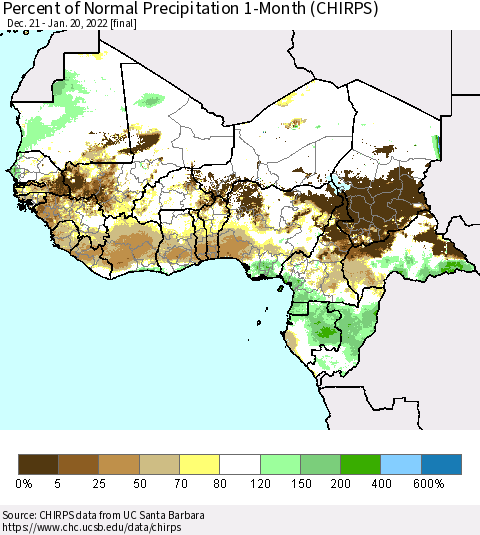 Western Africa Percent of Normal Precipitation 1-Month (CHIRPS) Thematic Map For 12/21/2021 - 1/20/2022