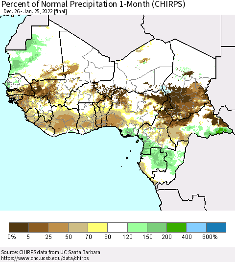 Western Africa Percent of Normal Precipitation 1-Month (CHIRPS) Thematic Map For 12/26/2021 - 1/25/2022