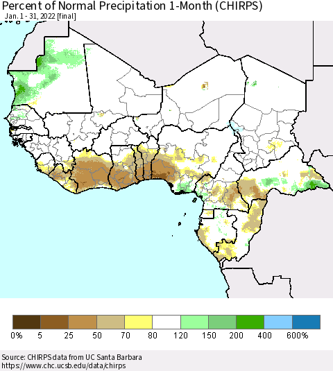 Western Africa Percent of Normal Precipitation 1-Month (CHIRPS) Thematic Map For 1/1/2022 - 1/31/2022