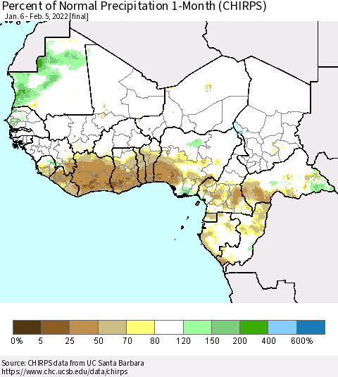 Western Africa Percent of Normal Precipitation 1-Month (CHIRPS) Thematic Map For 1/6/2022 - 2/5/2022