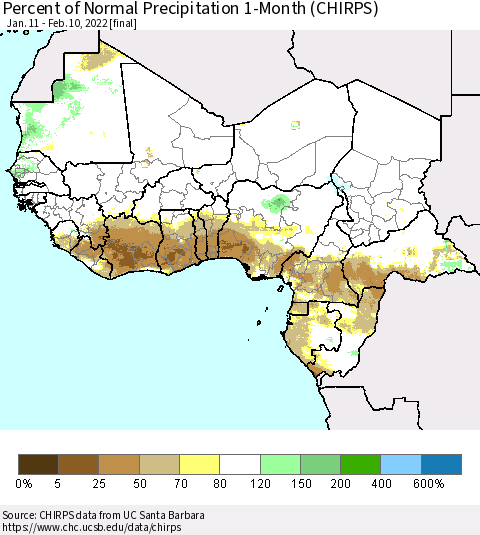 Western Africa Percent of Normal Precipitation 1-Month (CHIRPS) Thematic Map For 1/11/2022 - 2/10/2022