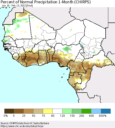 Western Africa Percent of Normal Precipitation 1-Month (CHIRPS) Thematic Map For 1/16/2022 - 2/15/2022