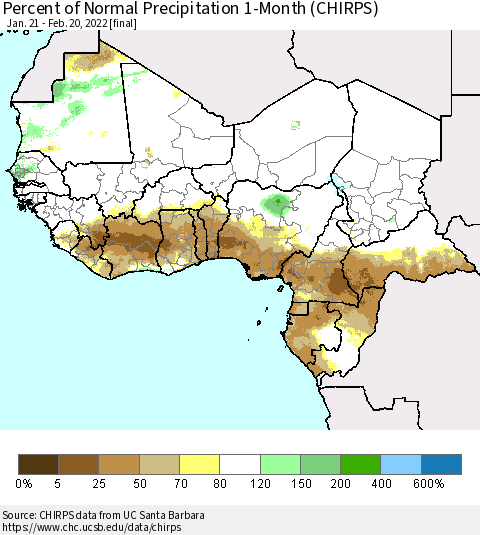 Western Africa Percent of Normal Precipitation 1-Month (CHIRPS) Thematic Map For 1/21/2022 - 2/20/2022