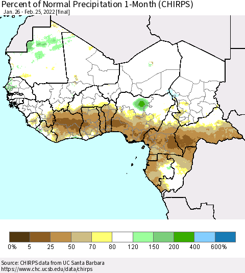 Western Africa Percent of Normal Precipitation 1-Month (CHIRPS) Thematic Map For 1/26/2022 - 2/25/2022
