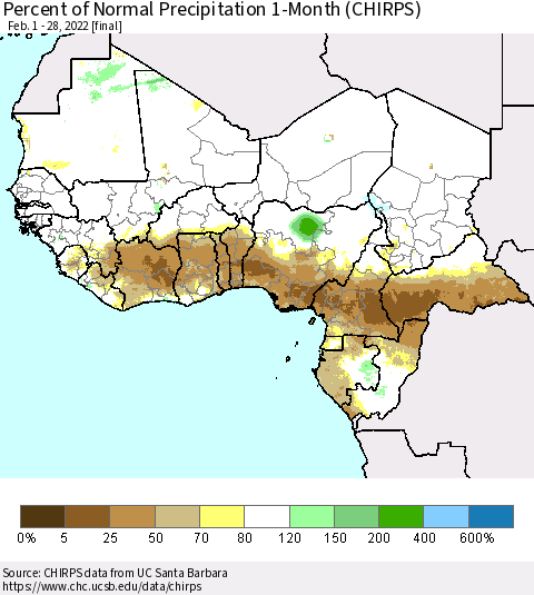 Western Africa Percent of Normal Precipitation 1-Month (CHIRPS) Thematic Map For 2/1/2022 - 2/28/2022