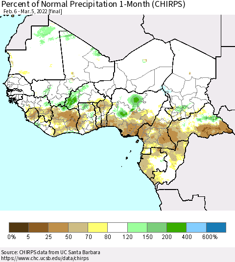 Western Africa Percent of Normal Precipitation 1-Month (CHIRPS) Thematic Map For 2/6/2022 - 3/5/2022