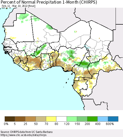 Western Africa Percent of Normal Precipitation 1-Month (CHIRPS) Thematic Map For 2/11/2022 - 3/10/2022