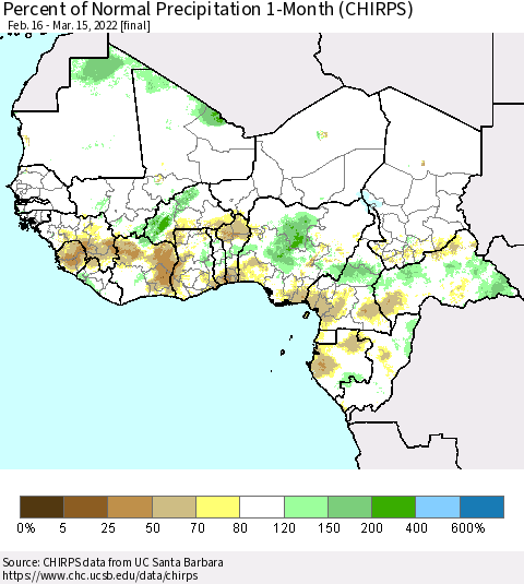Western Africa Percent of Normal Precipitation 1-Month (CHIRPS) Thematic Map For 2/16/2022 - 3/15/2022