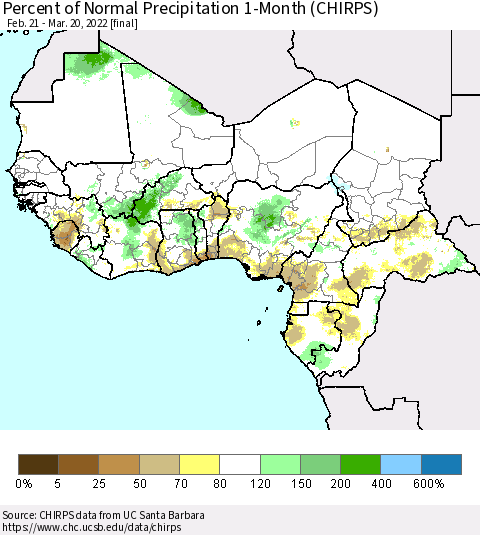 Western Africa Percent of Normal Precipitation 1-Month (CHIRPS) Thematic Map For 2/21/2022 - 3/20/2022