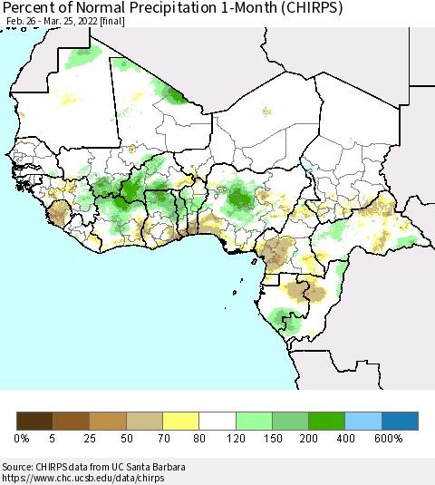 Western Africa Percent of Normal Precipitation 1-Month (CHIRPS) Thematic Map For 2/26/2022 - 3/25/2022