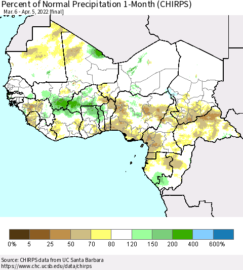 Western Africa Percent of Normal Precipitation 1-Month (CHIRPS) Thematic Map For 3/6/2022 - 4/5/2022