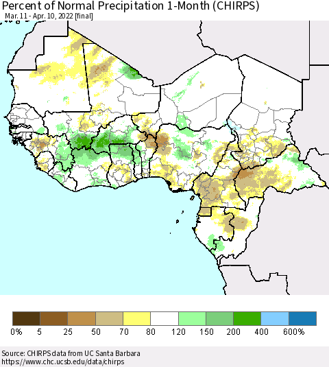 Western Africa Percent of Normal Precipitation 1-Month (CHIRPS) Thematic Map For 3/11/2022 - 4/10/2022