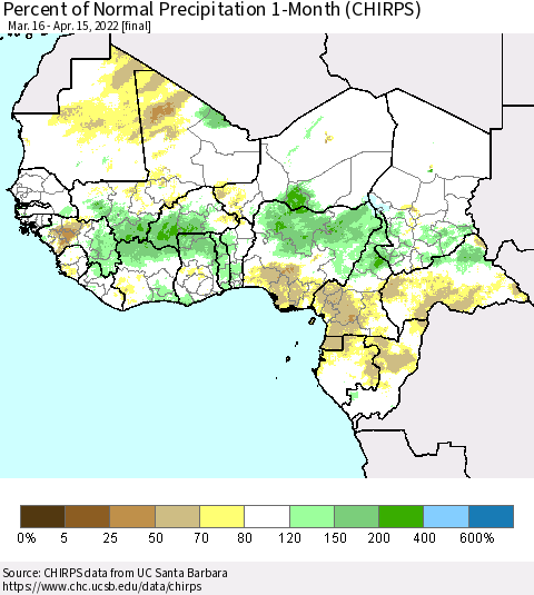 Western Africa Percent of Normal Precipitation 1-Month (CHIRPS) Thematic Map For 3/16/2022 - 4/15/2022