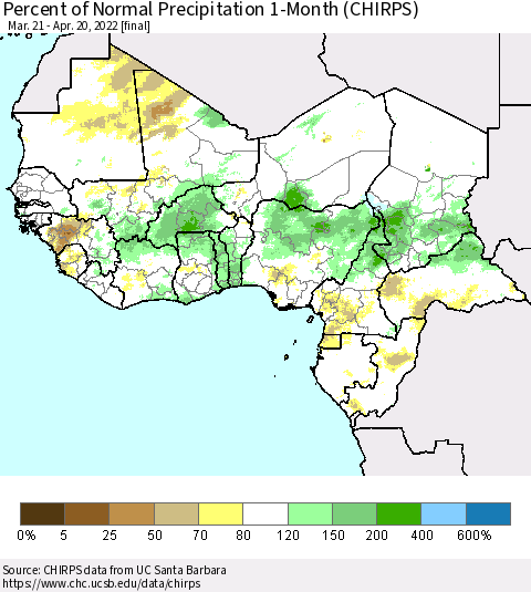 Western Africa Percent of Normal Precipitation 1-Month (CHIRPS) Thematic Map For 3/21/2022 - 4/20/2022