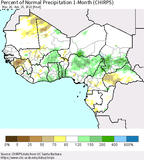 Western Africa Percent of Normal Precipitation 1-Month (CHIRPS) Thematic Map For 3/26/2022 - 4/25/2022