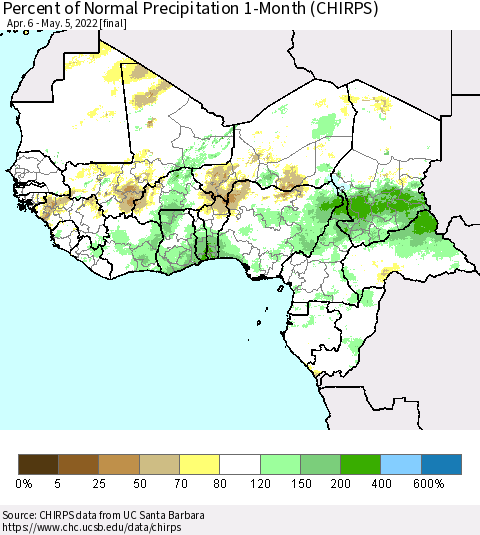 Western Africa Percent of Normal Precipitation 1-Month (CHIRPS) Thematic Map For 4/6/2022 - 5/5/2022