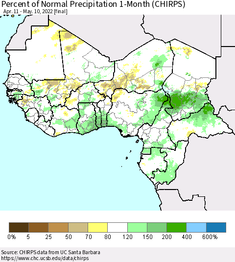 Western Africa Percent of Normal Precipitation 1-Month (CHIRPS) Thematic Map For 4/11/2022 - 5/10/2022