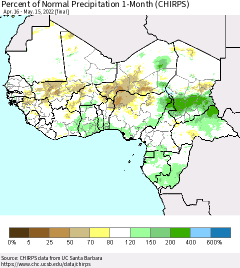 Western Africa Percent of Normal Precipitation 1-Month (CHIRPS) Thematic Map For 4/16/2022 - 5/15/2022