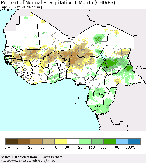 Western Africa Percent of Normal Precipitation 1-Month (CHIRPS) Thematic Map For 4/21/2022 - 5/20/2022