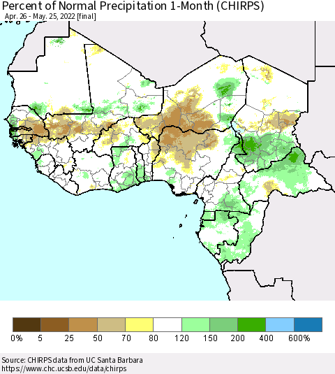 Western Africa Percent of Normal Precipitation 1-Month (CHIRPS) Thematic Map For 4/26/2022 - 5/25/2022