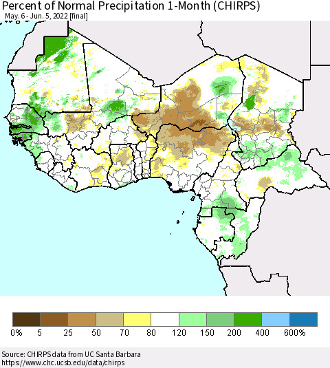 Western Africa Percent of Normal Precipitation 1-Month (CHIRPS) Thematic Map For 5/6/2022 - 6/5/2022