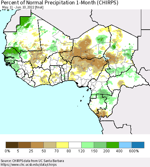 Western Africa Percent of Normal Precipitation 1-Month (CHIRPS) Thematic Map For 5/11/2022 - 6/10/2022
