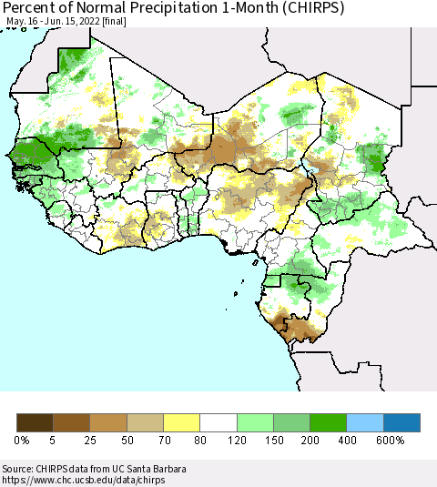 Western Africa Percent of Normal Precipitation 1-Month (CHIRPS) Thematic Map For 5/16/2022 - 6/15/2022